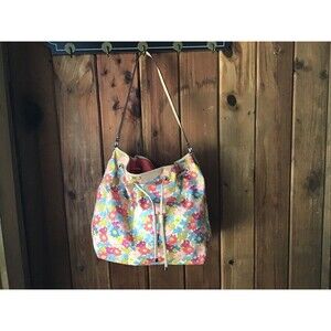 Coach Shoulder Bag Medium Canvas Hobo Handbag Floral Drawstring Pockets